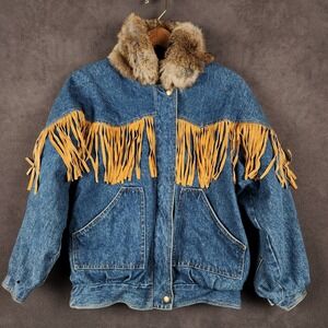 Vintage KC Collections Denim Fur Lined Jacket Womens 10 Western Suede Fringe